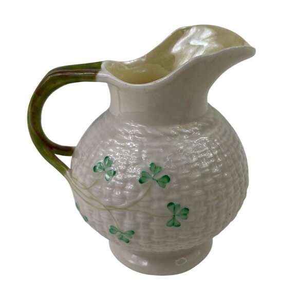 Belleek Eggshell Porcelain Creamer Saucer Shamrock Irish Basket Weave - Picture 2 of 10